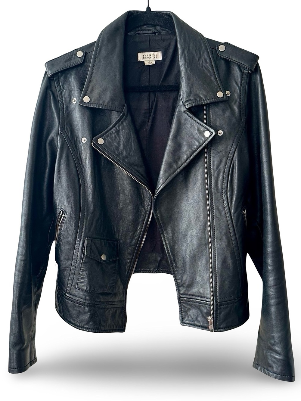 AUTH Vtg 90’s Barneys New York Soft Black Leather Moto Jacket Large Retail $895 - Picture 2 of 8